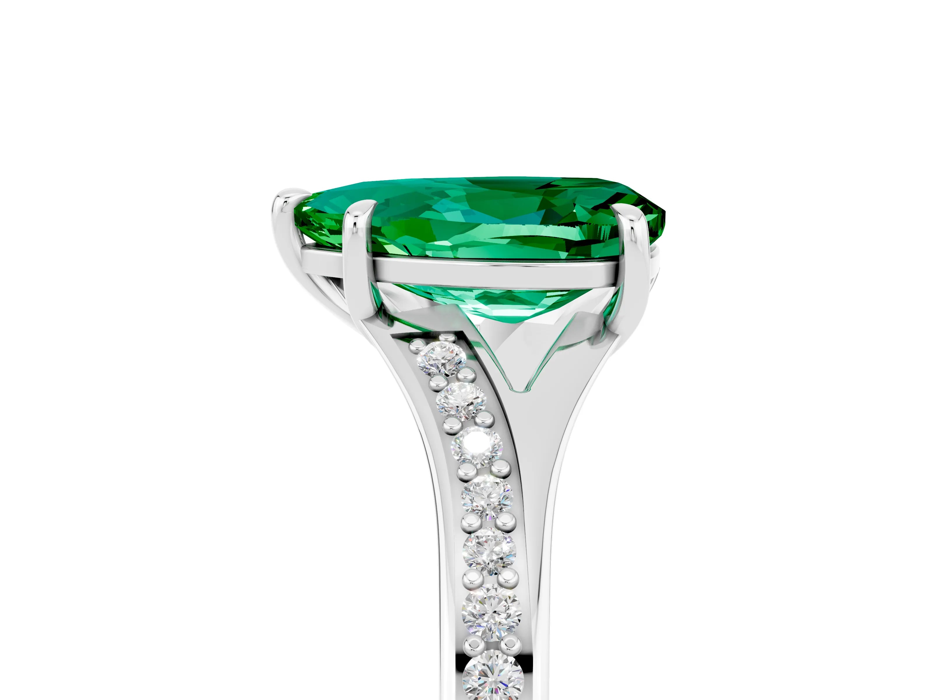 White gold Pear Cut Emerald Solitaire Ring with Pavé Band and Prong Setting_17