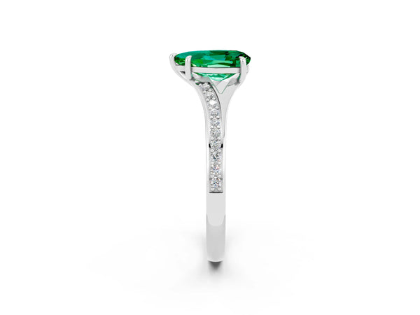 White gold Pear Cut Emerald Solitaire Ring with Pavé Band and Prong Setting