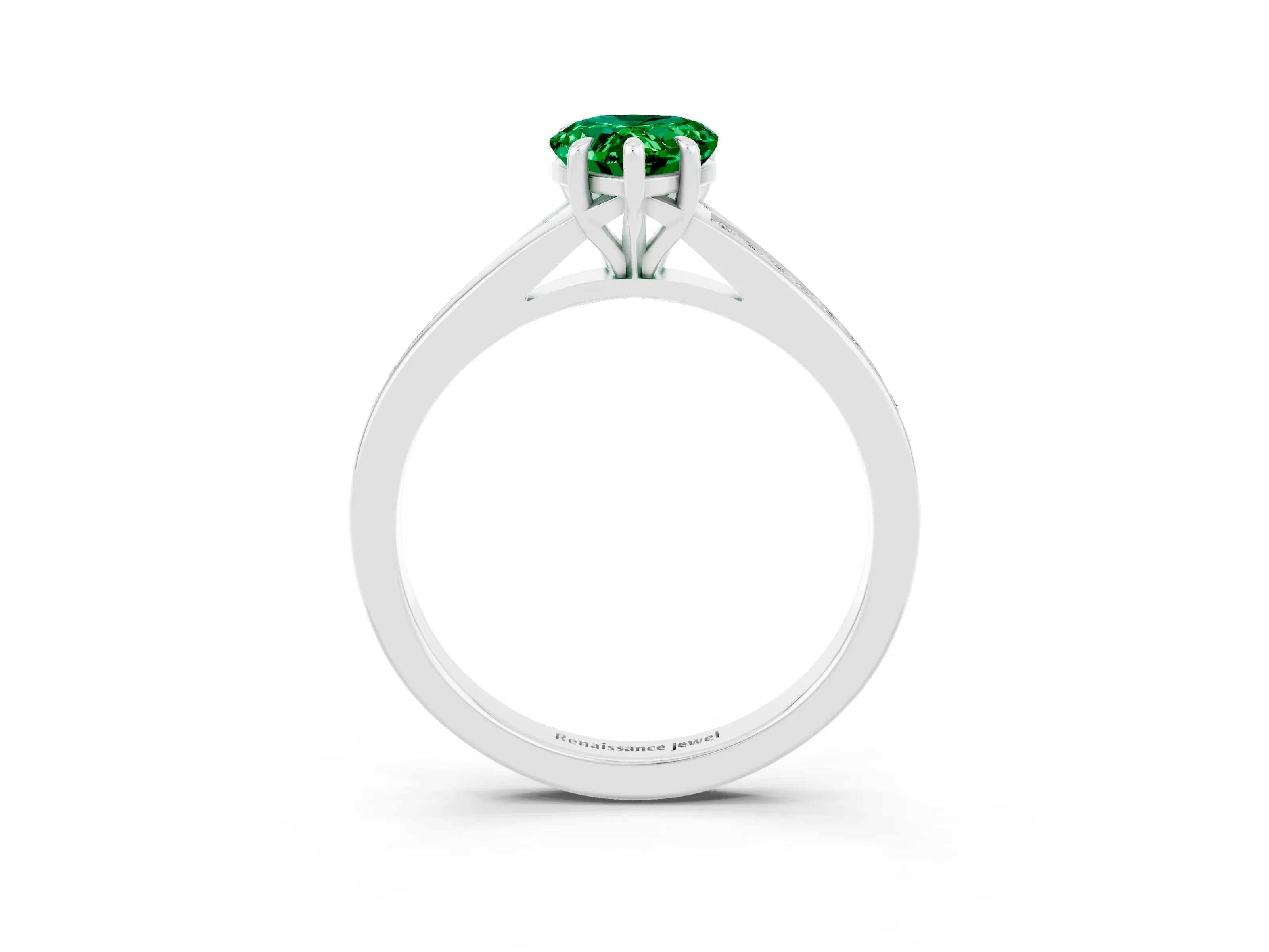 White gold Pear Cut Emerald Solitaire Ring with Pavé Band and Prong Setting_3