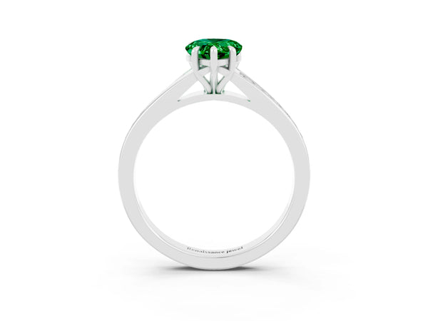 White gold Pear Cut Emerald Solitaire Ring with Pavé Band and Prong Setting