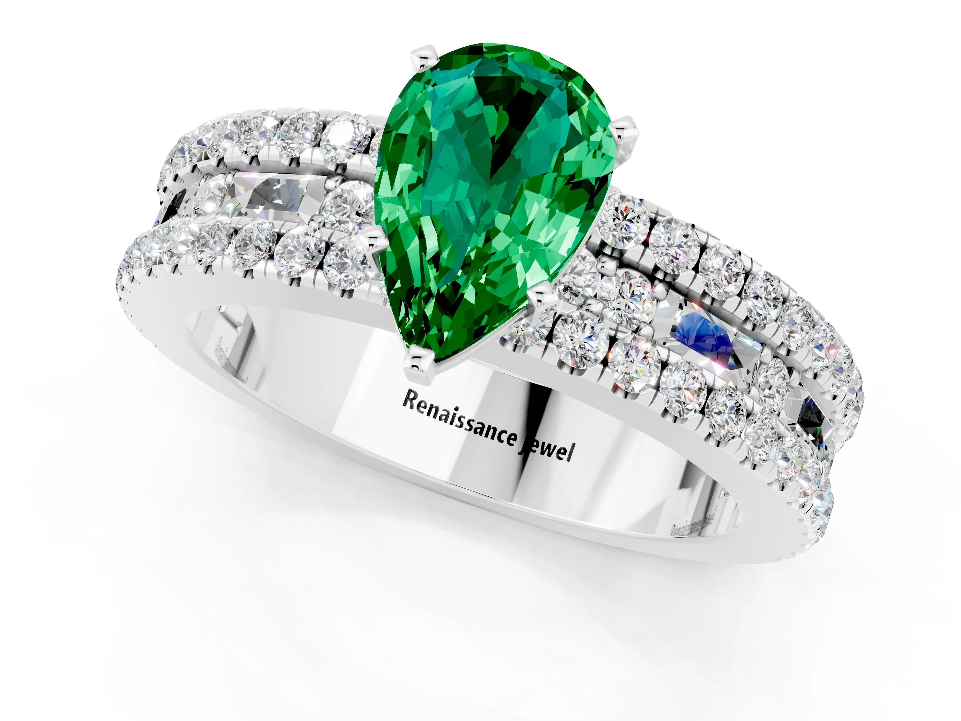 White gold Pear Cut Emerald Solitaire Ring with Pavé and Channel Set Band_1