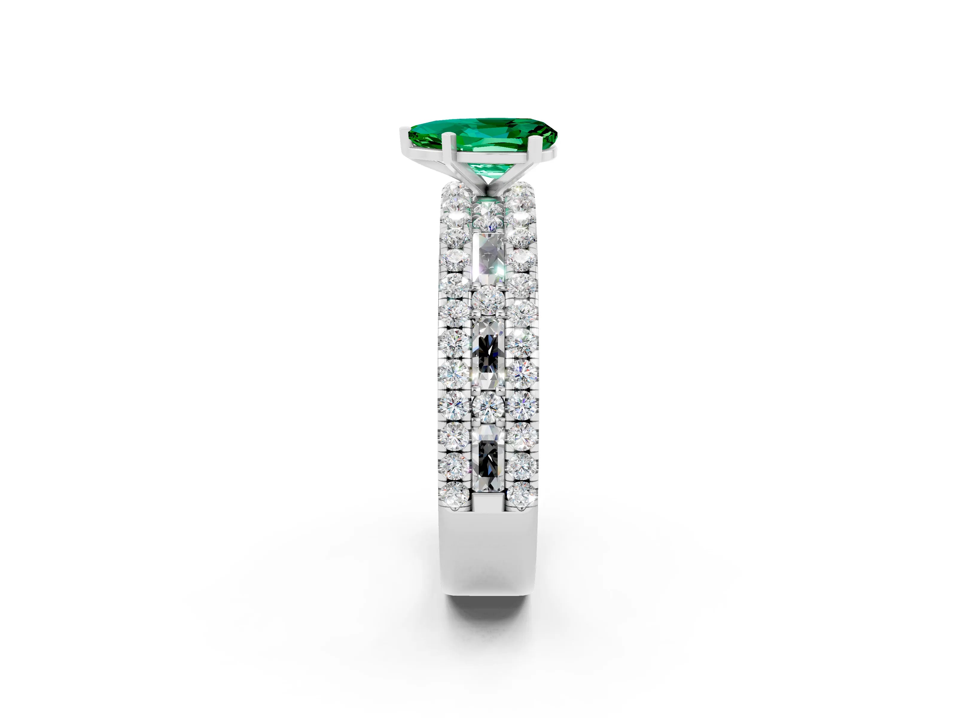 White gold Pear Cut Emerald Solitaire Ring with Pavé and Channel Set Band_2