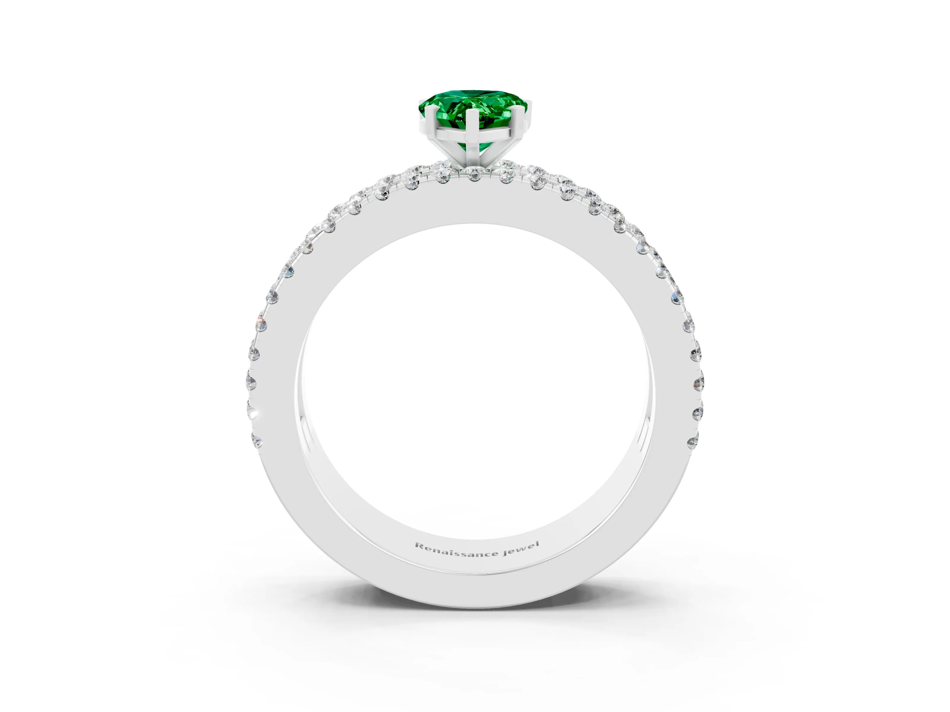 White gold Pear Cut Emerald Solitaire Ring with Pavé and Channel Set Band_3