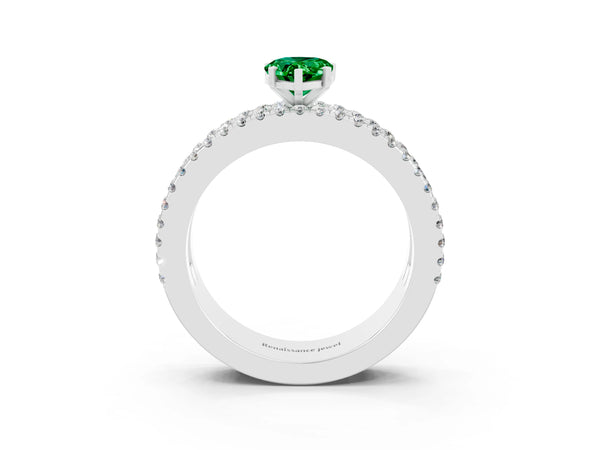 Silver Pear Cut Emerald Solitaire Ring with Pavé and Channel Set Band