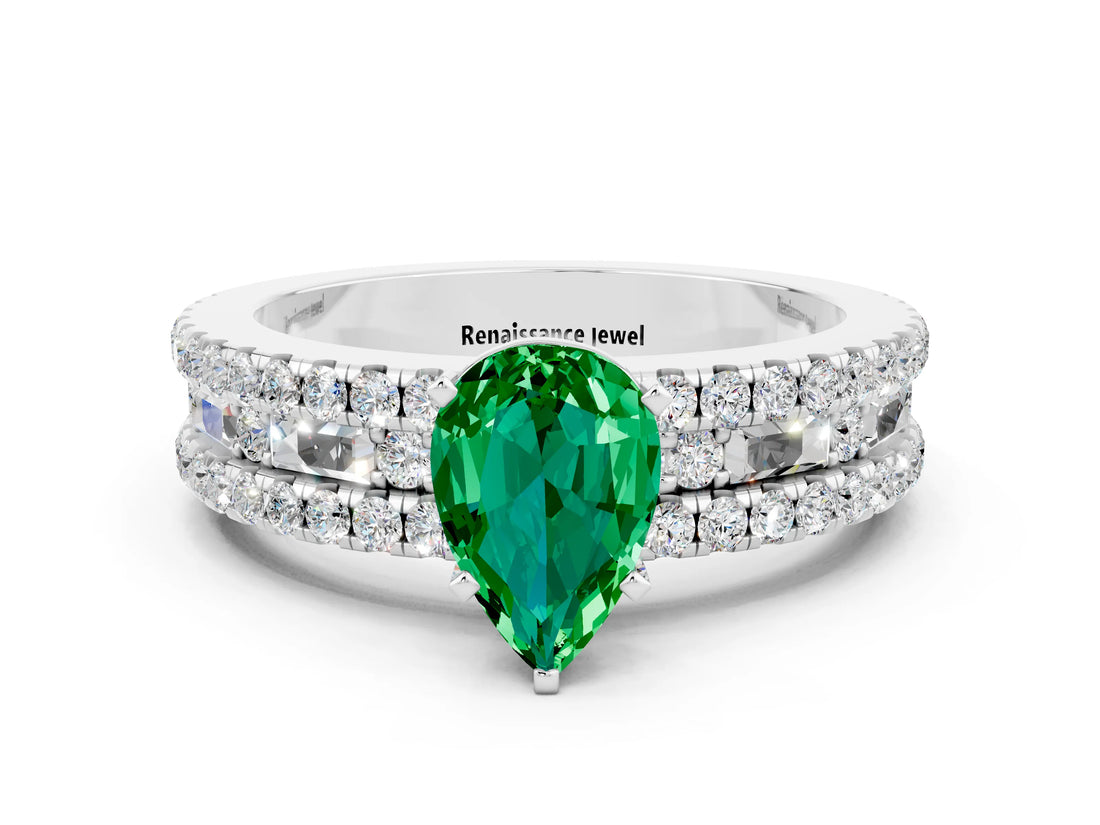 White gold Pear Cut Emerald Solitaire Ring with Pavé and Channel Set Band