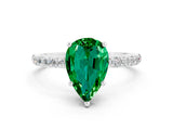 White gold Pear Cut Emerald Solitaire Ring with Pave Band and Four Prong Setting_24