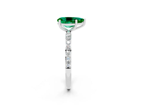 White gold Pear Cut Emerald Solitaire Ring with Pave Band and Four Prong Setting_26