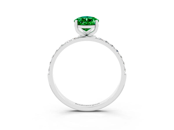 Platinum Pear Cut Emerald Solitaire Ring with Round  Pavé Band and Prong Setting
