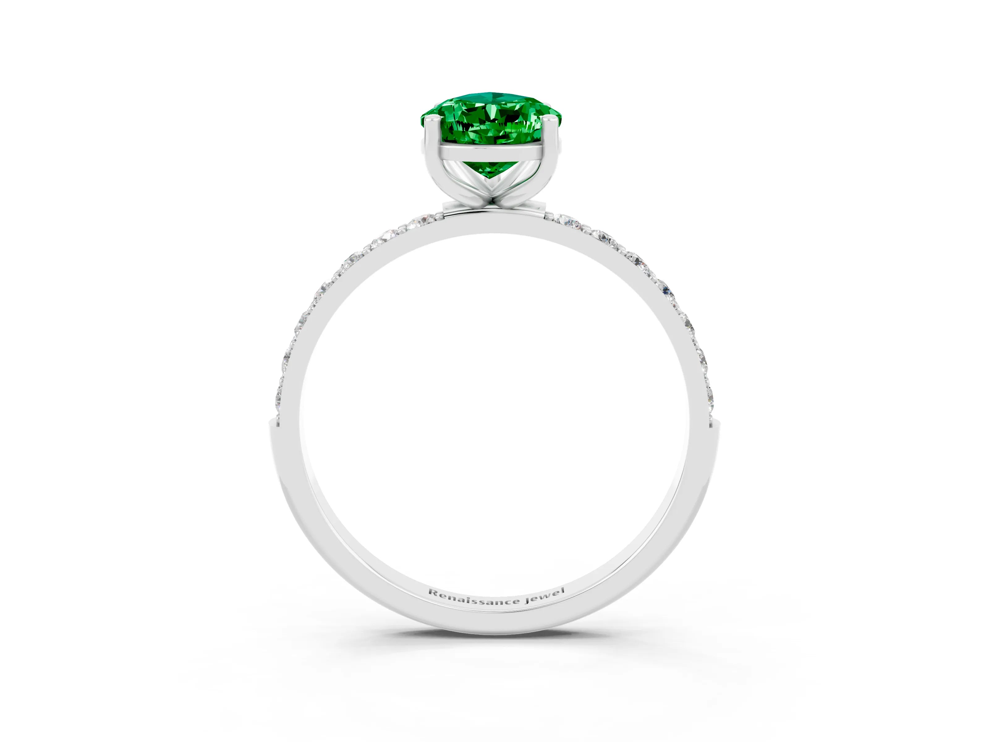 White gold Pear Cut Emerald Solitaire Ring with Pave Band and Four Prong Setting_27