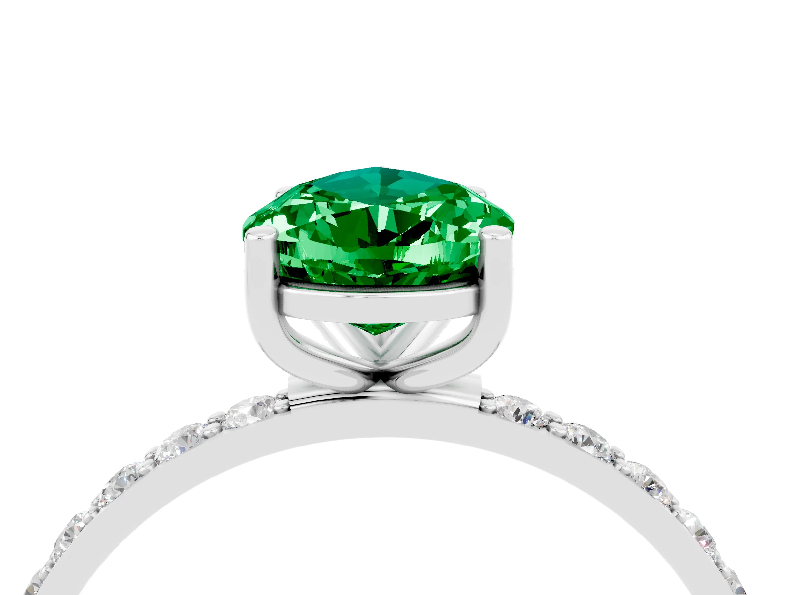 White gold Pear Cut Emerald Solitaire Ring with Pave Band and Four Prong Setting_28
