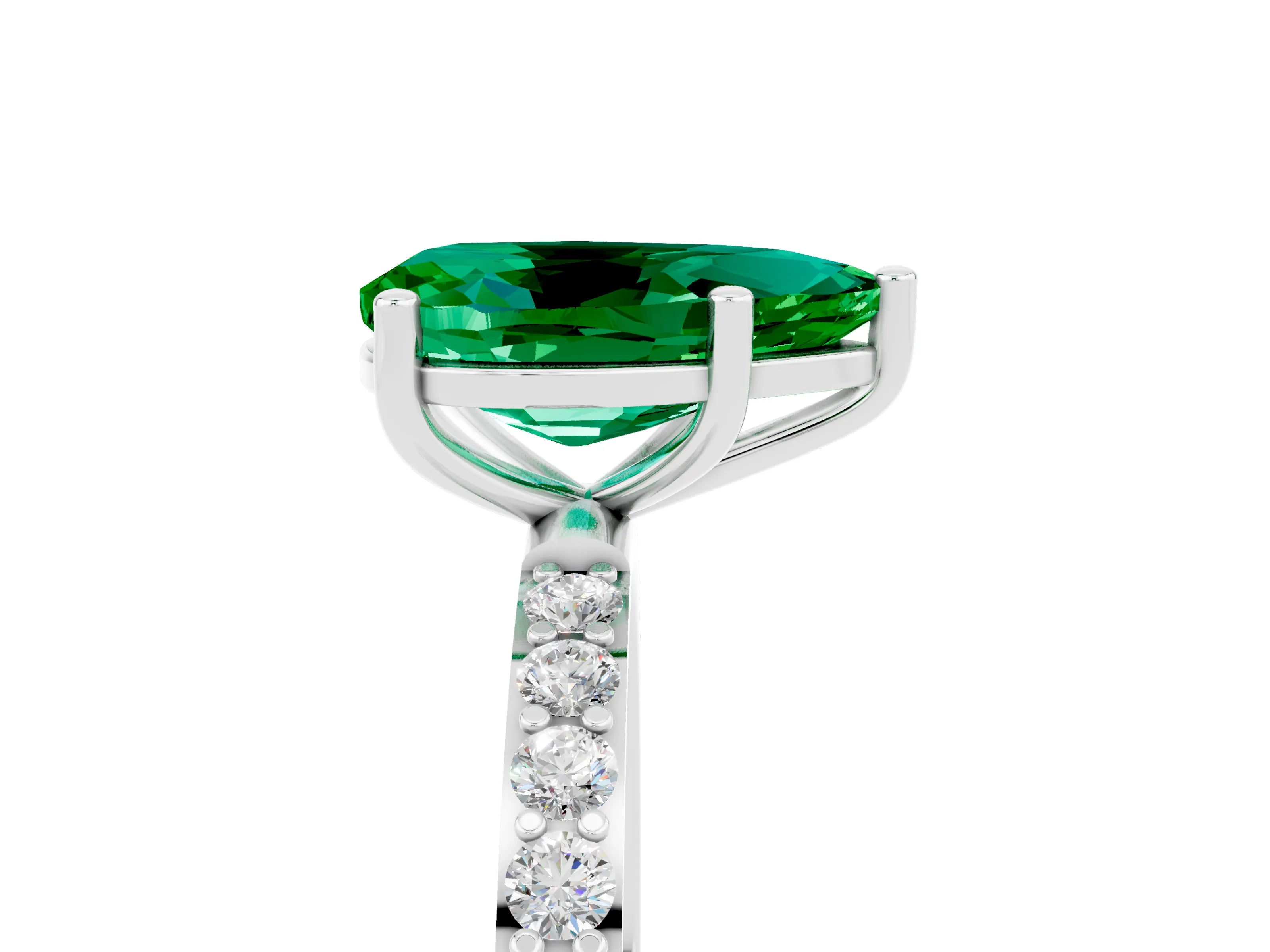 White gold Pear Cut Emerald Solitaire Ring with Pave Band and Four Prong Setting_29