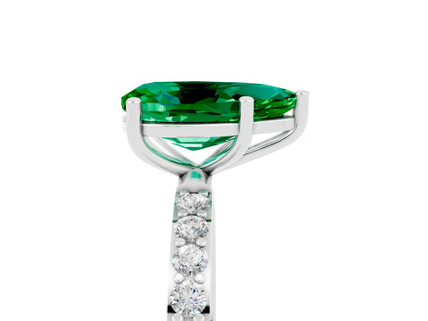 White gold Pear Cut Emerald Solitaire Ring with Pave Band and Four Prong Setting_29
