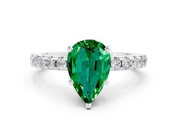 White gold Pear Cut Emerald Solitaire Ring with Round  Pavé Band and Four-Prong Setting