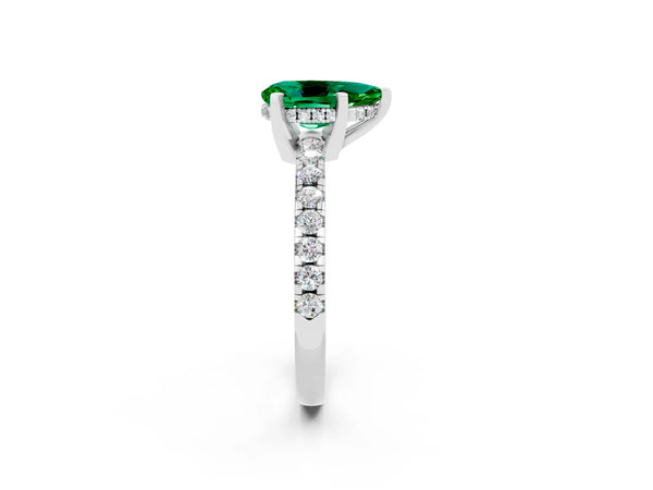 White gold Pear Cut Emerald Solitaire Ring with Round  Pavé Band and Four-Prong Setting