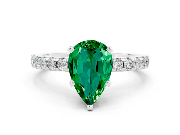 White gold Pear Cut Emerald Solitaire Ring with Round Pavé Band and Four-Prong Setting