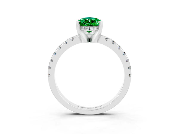 White gold Pear Cut Emerald Solitaire Ring with Round Pavé Band and Four-Prong Setting
