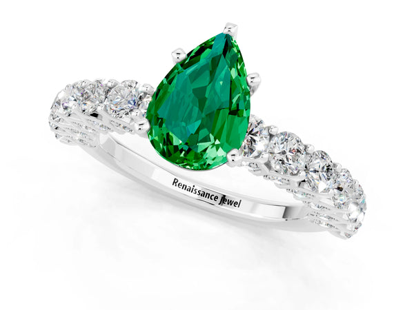 White gold Pear Cut Emerald Solitaire Ring with Shared Prong Pavé Band and Four-Prong Setting