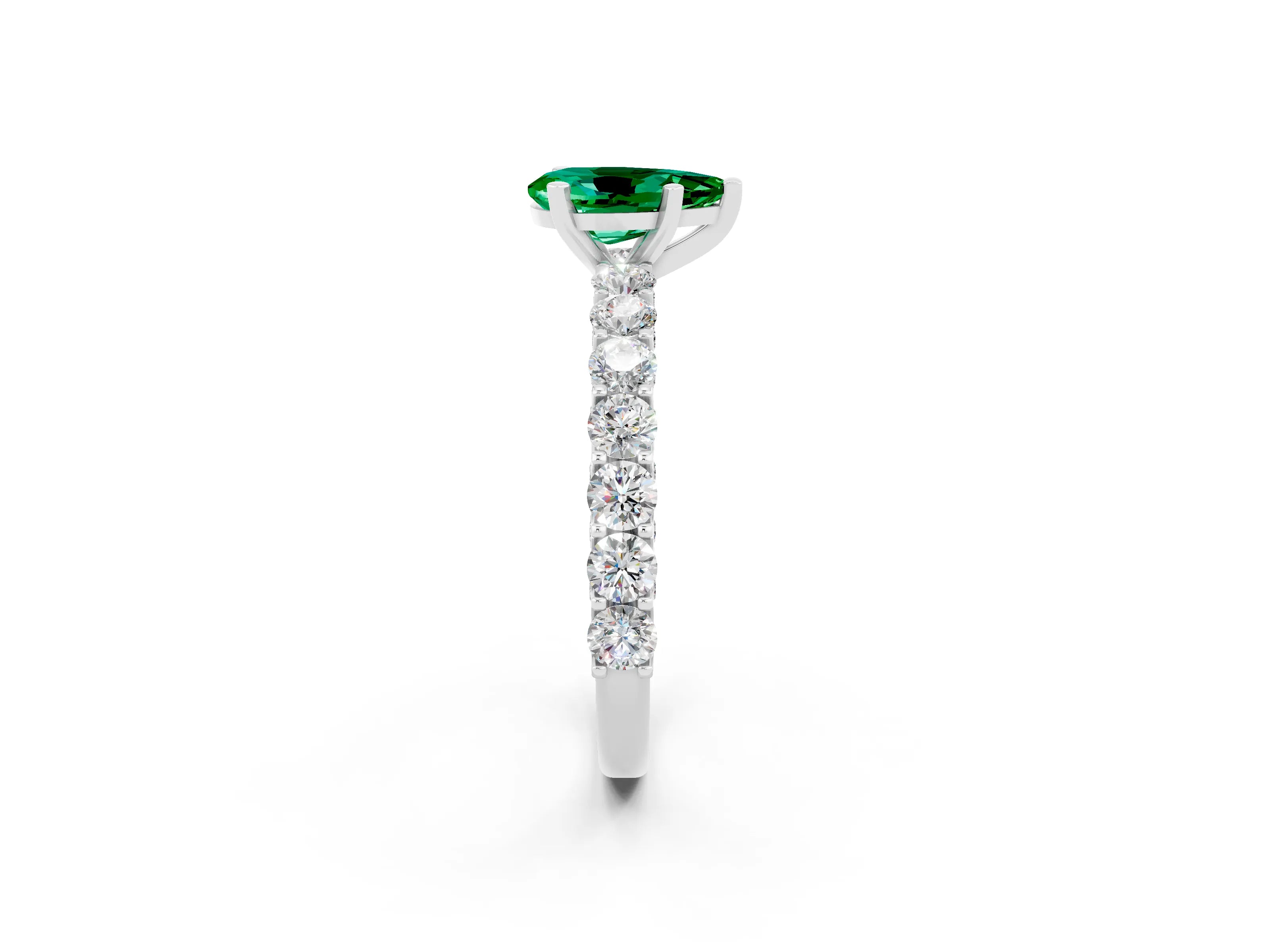 White gold Pear Cut Emerald Solitaire Ring with Shared Prong Pavé Band and Four-Prong Setting_2