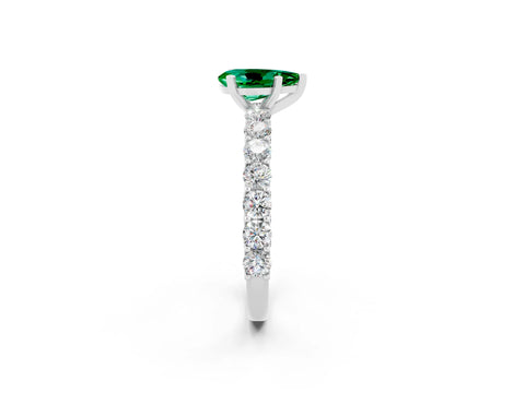 White gold Pear Cut Emerald Solitaire Ring with Shared Prong Pavé Band and Four-Prong Setting_2