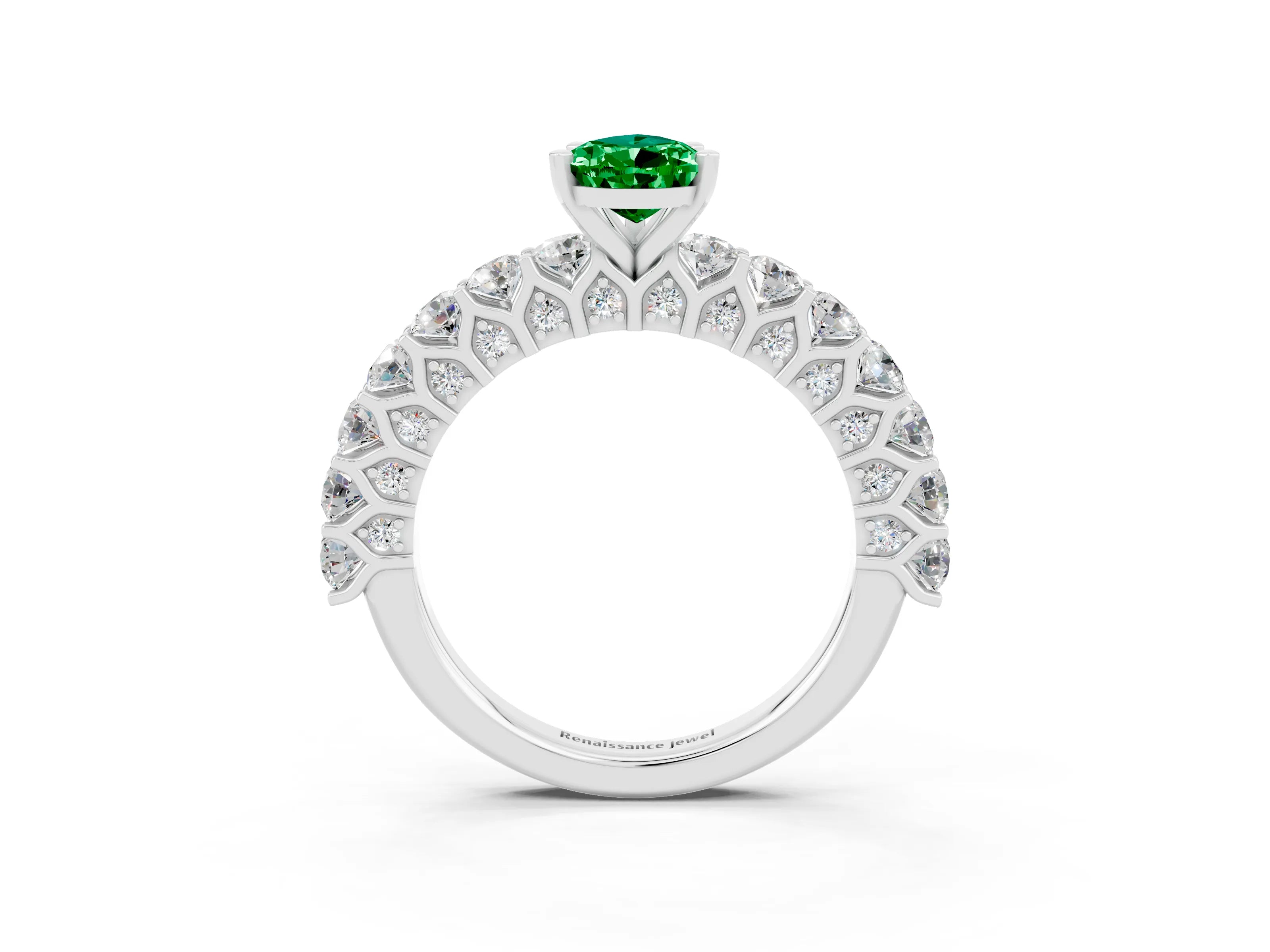 White gold Pear Cut Emerald Solitaire Ring with Shared Prong Pavé Band and Four-Prong Setting_3