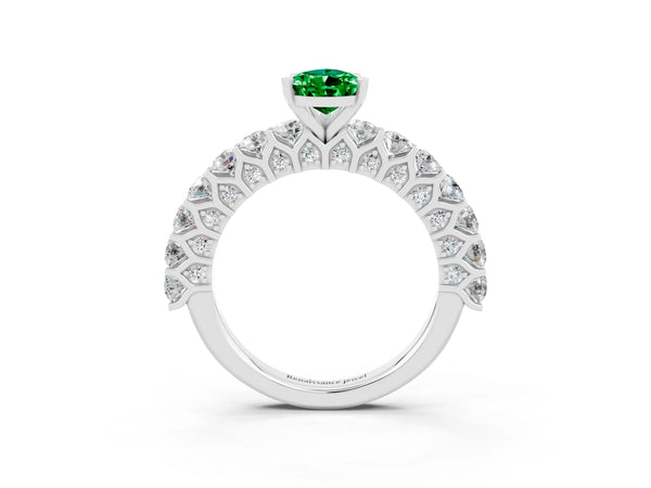 Silver Pear Cut Emerald Solitaire Ring with Shared Prong Pavé Band and Four-Prong Setting