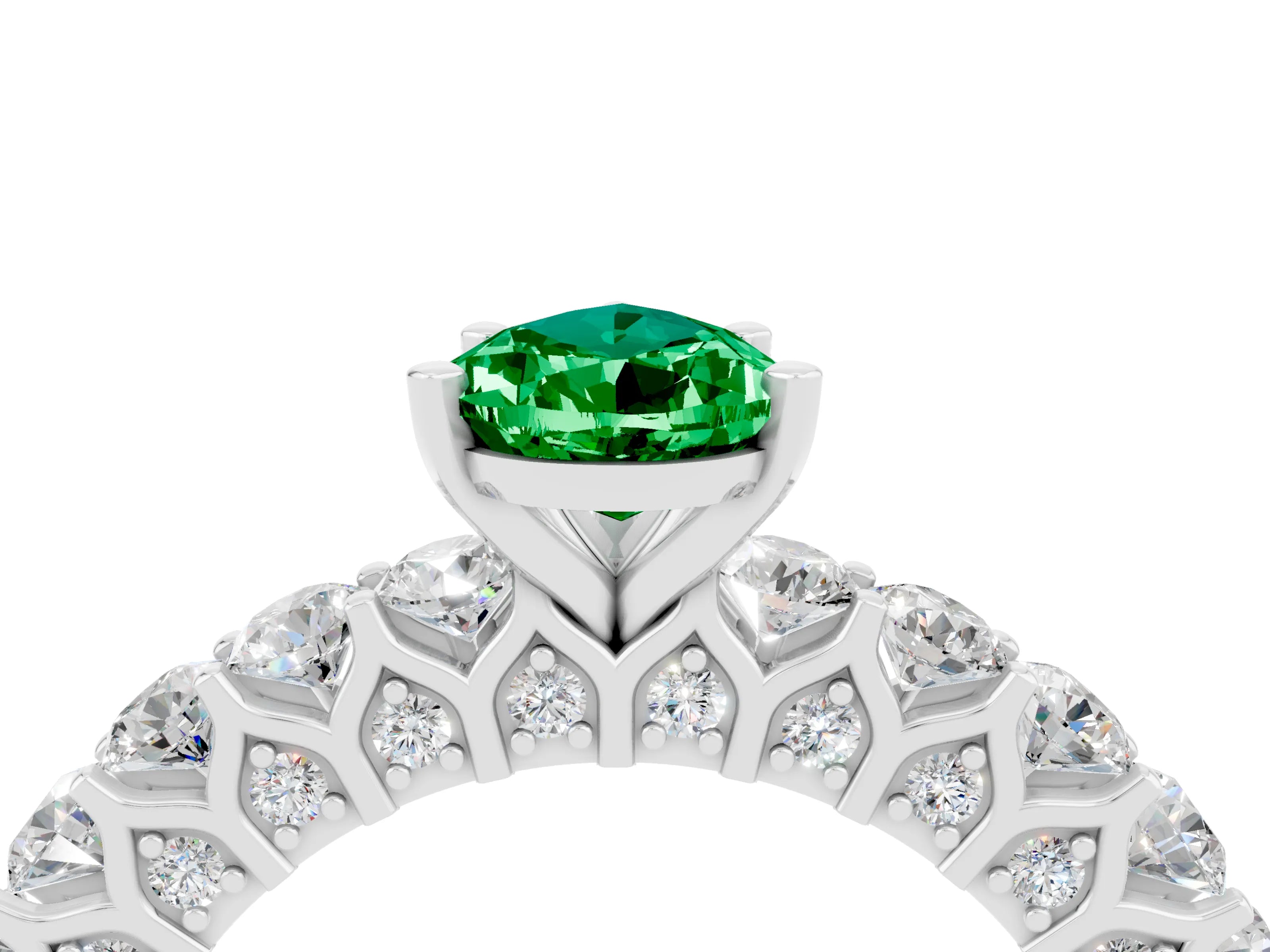 White gold Pear Cut Emerald Solitaire Ring with Shared Prong Pavé Band and Four-Prong Setting_4
