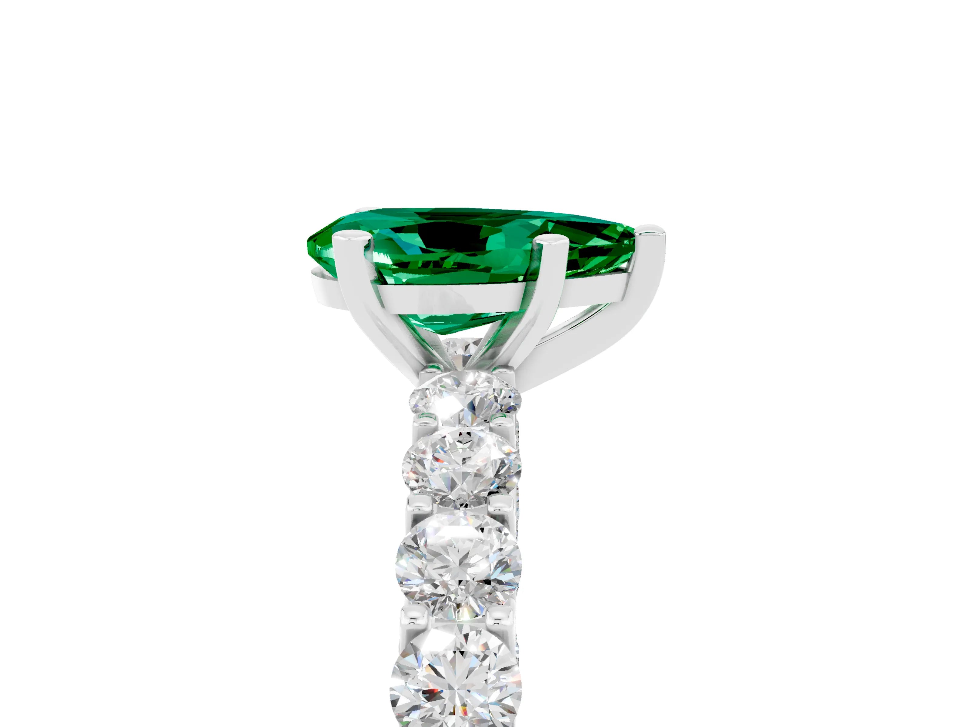 White gold Pear Cut Emerald Solitaire Ring with Shared Prong Pavé Band and Four-Prong Setting_5
