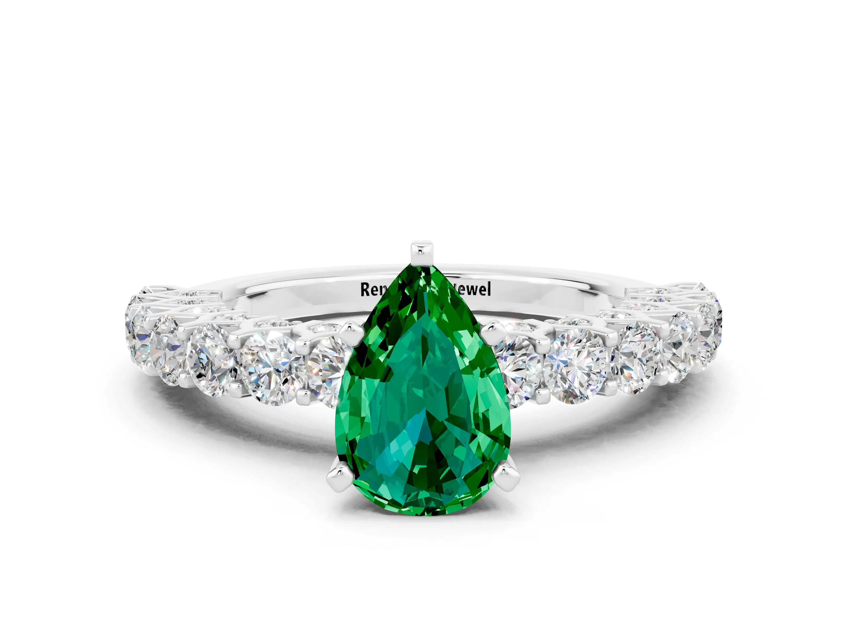 White gold Pear Cut Emerald Solitaire Ring with Shared Prong Pavé Band and Four-Prong Setting