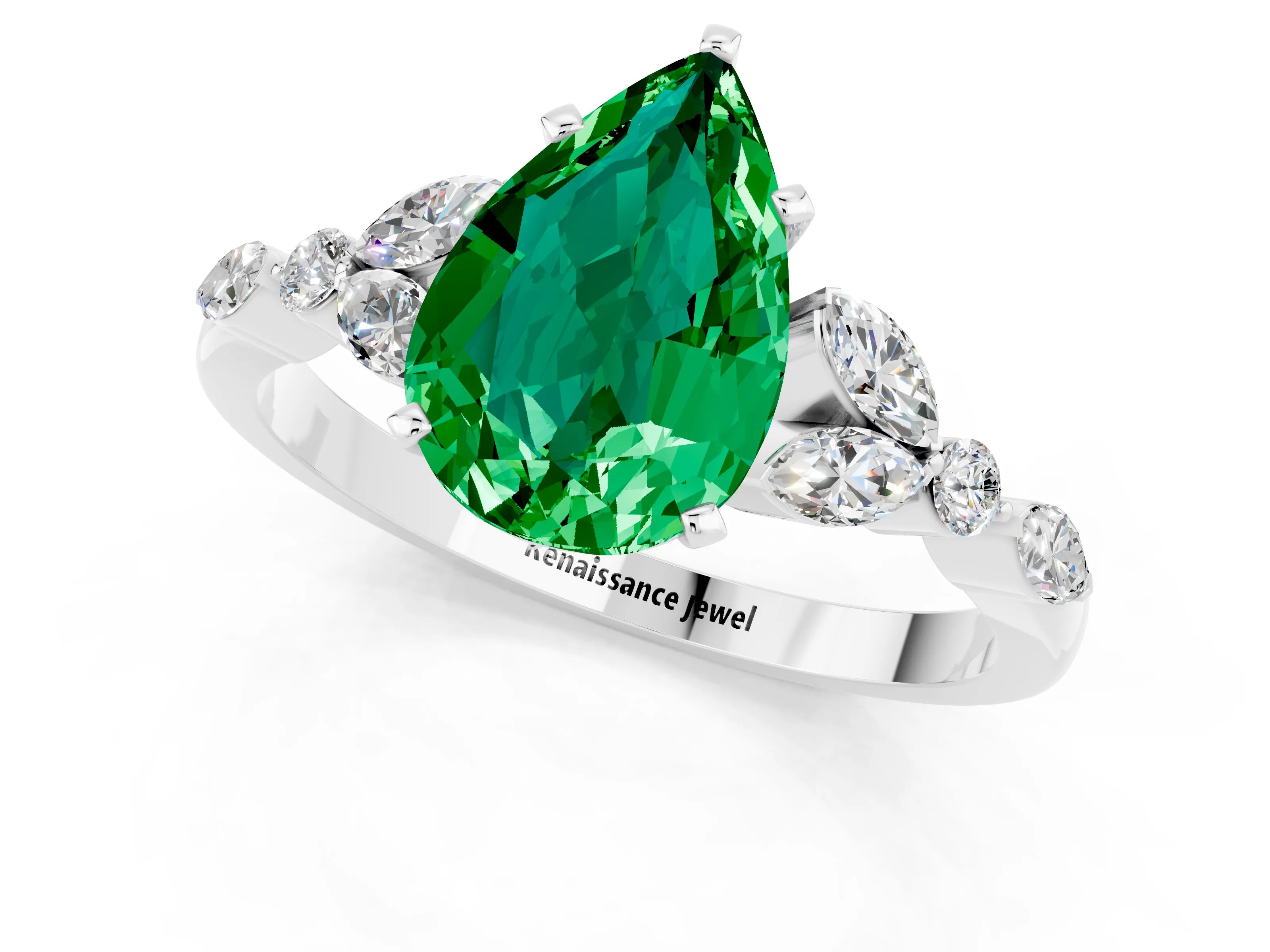 White gold Pear Cut Emerald Solitaire Ring with Side Stones and Four-Prong Setting_49