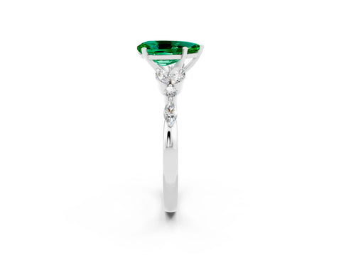 White gold Pear Cut Emerald Solitaire Ring with Side Stones and Four-Prong Setting_50