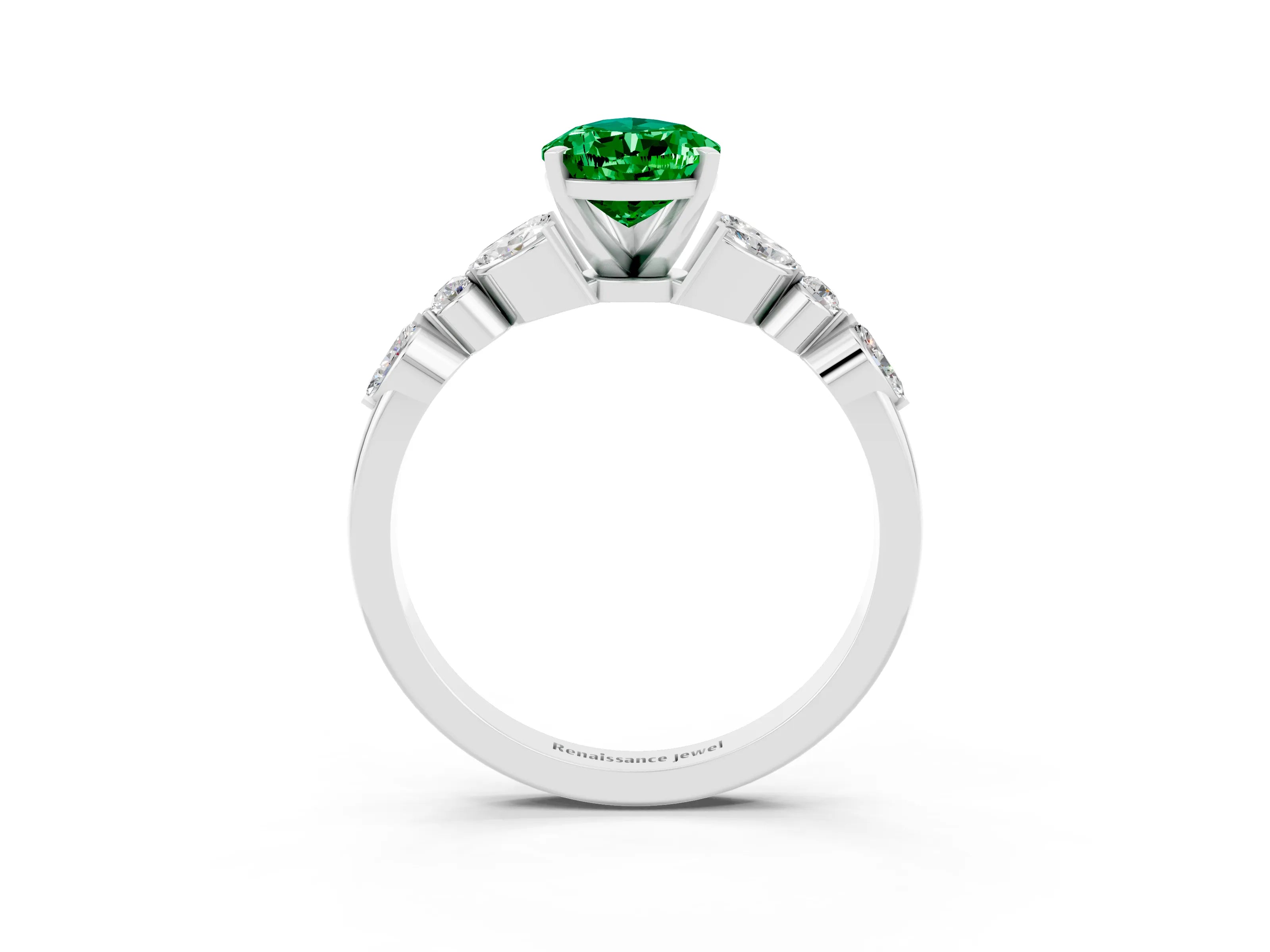 White gold Pear Cut Emerald Solitaire Ring with Side Stones and Four-Prong Setting_51