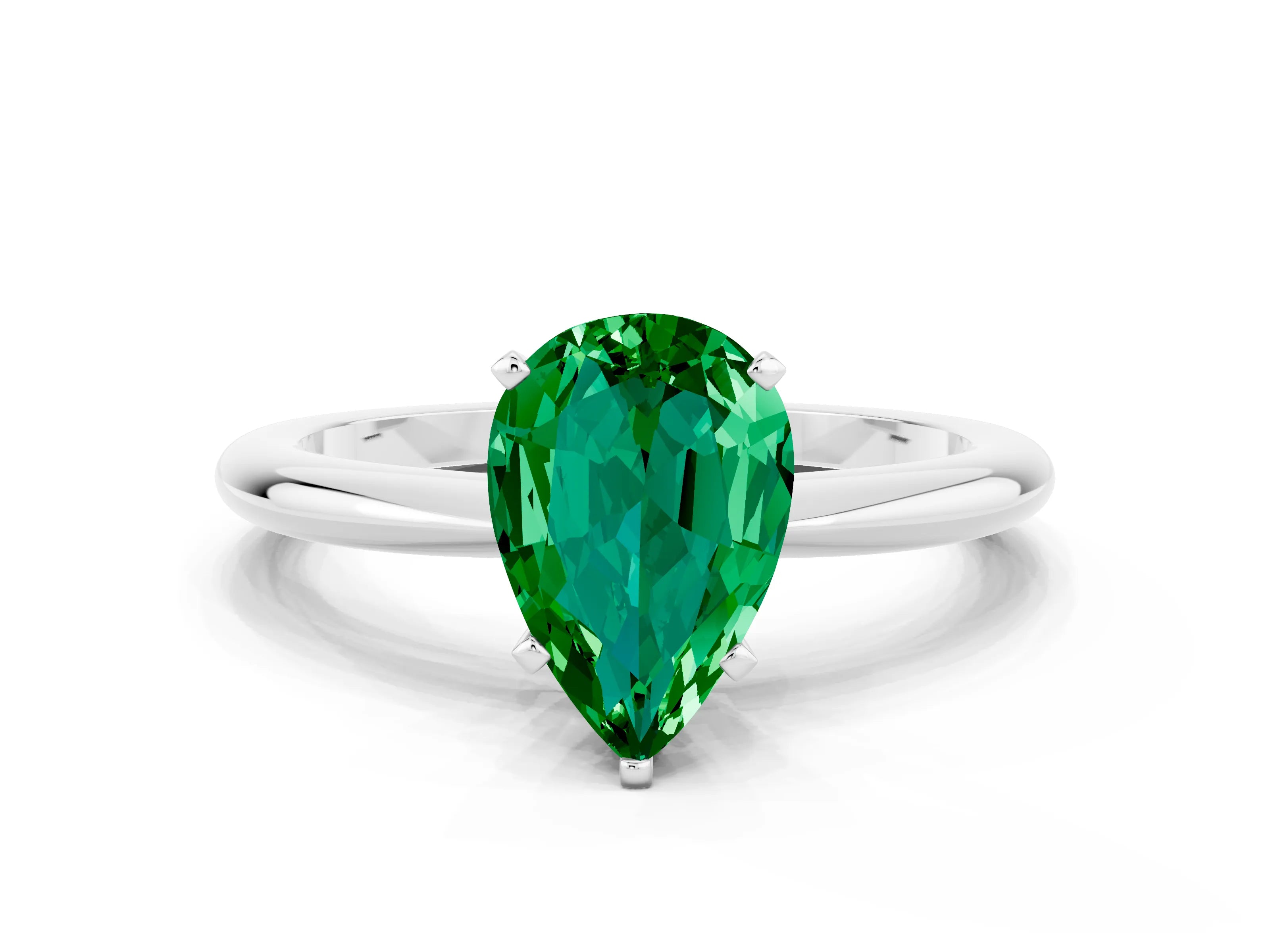 White gold Pear Cut Emerald Solitaire Ring with Six-Prong Setting and Classic Band_12