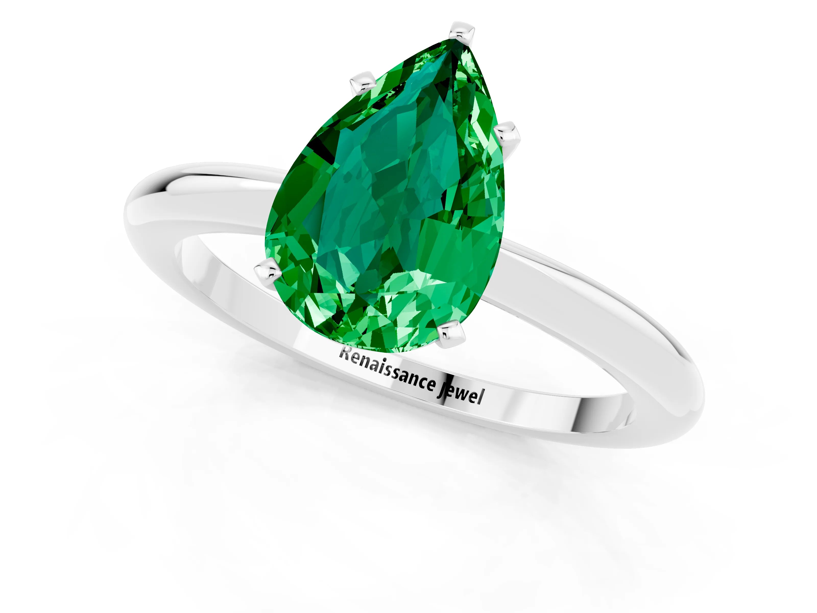 White gold Pear Cut Emerald Solitaire Ring with Six-Prong Setting and Classic Band_13