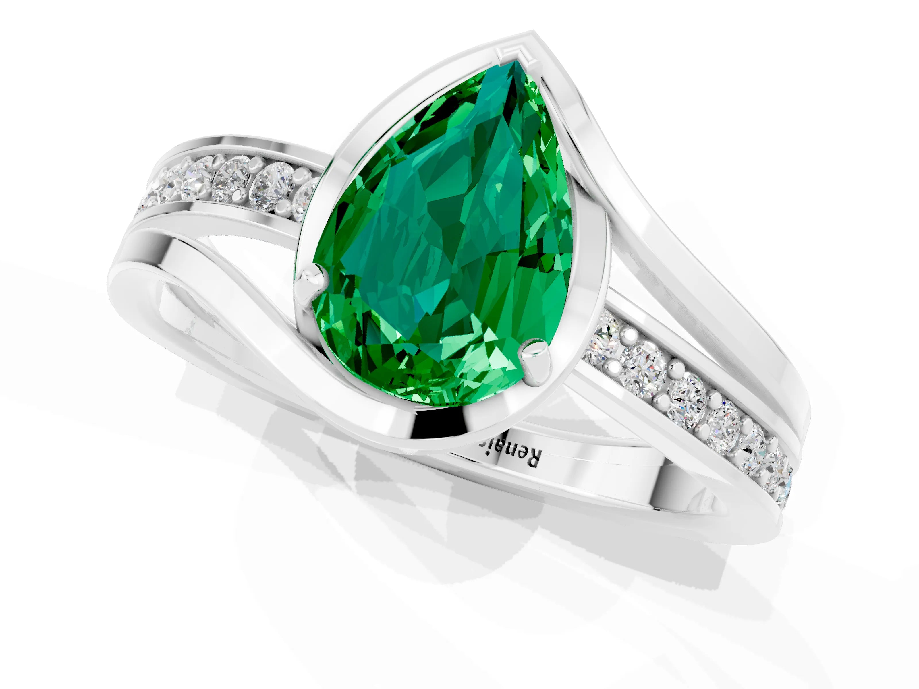 White gold Pear Cut Emerald Solitaire Ring with Split Shank and Prong Setting_1