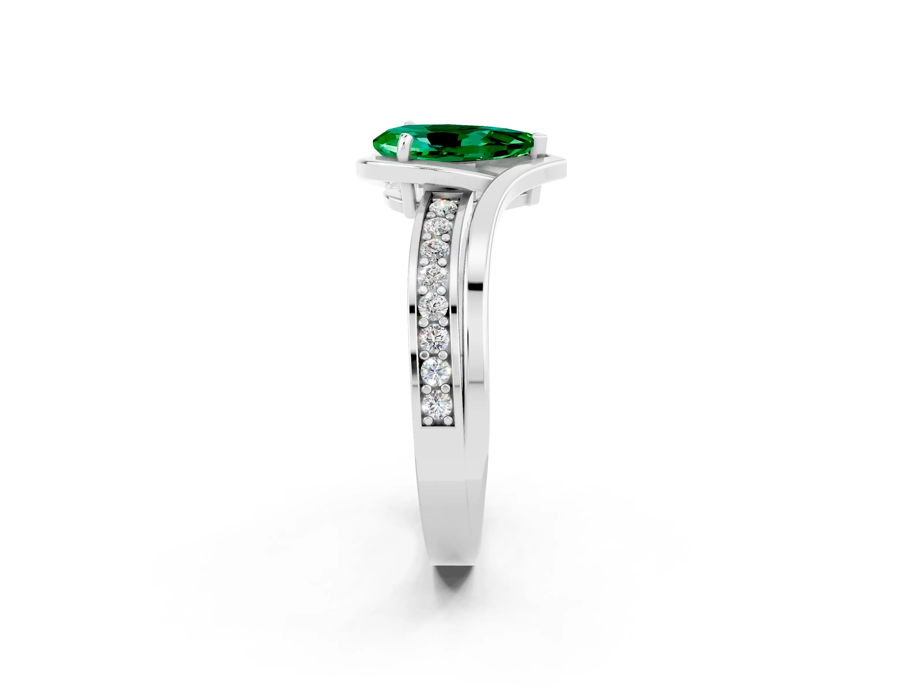 White gold Pear Cut Emerald Solitaire Ring with Split Shank and Prong Setting_2