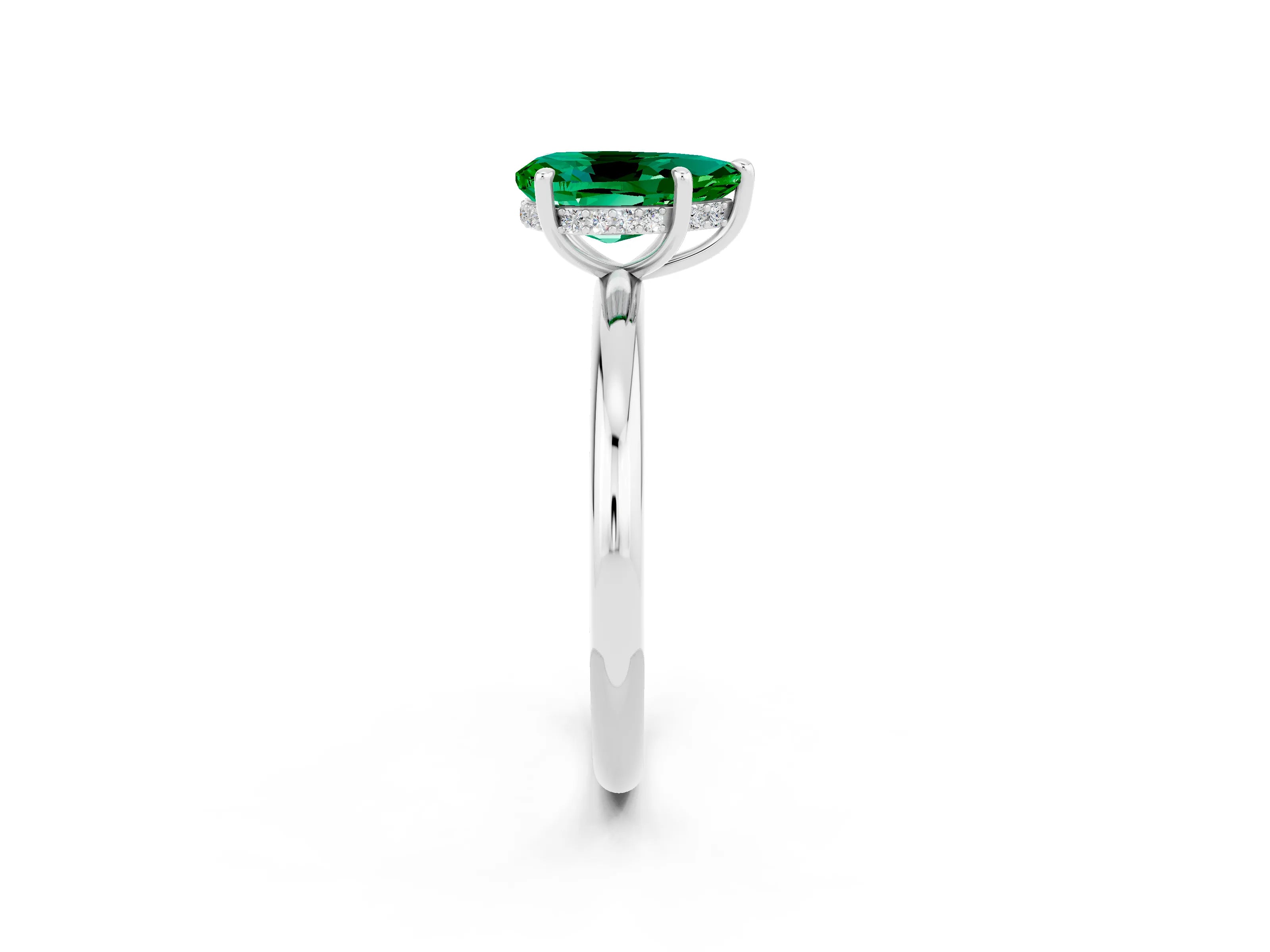 White gold Pear Cut Emerald Solitaire Ring with Thin Band and Four-Prong Setting_14