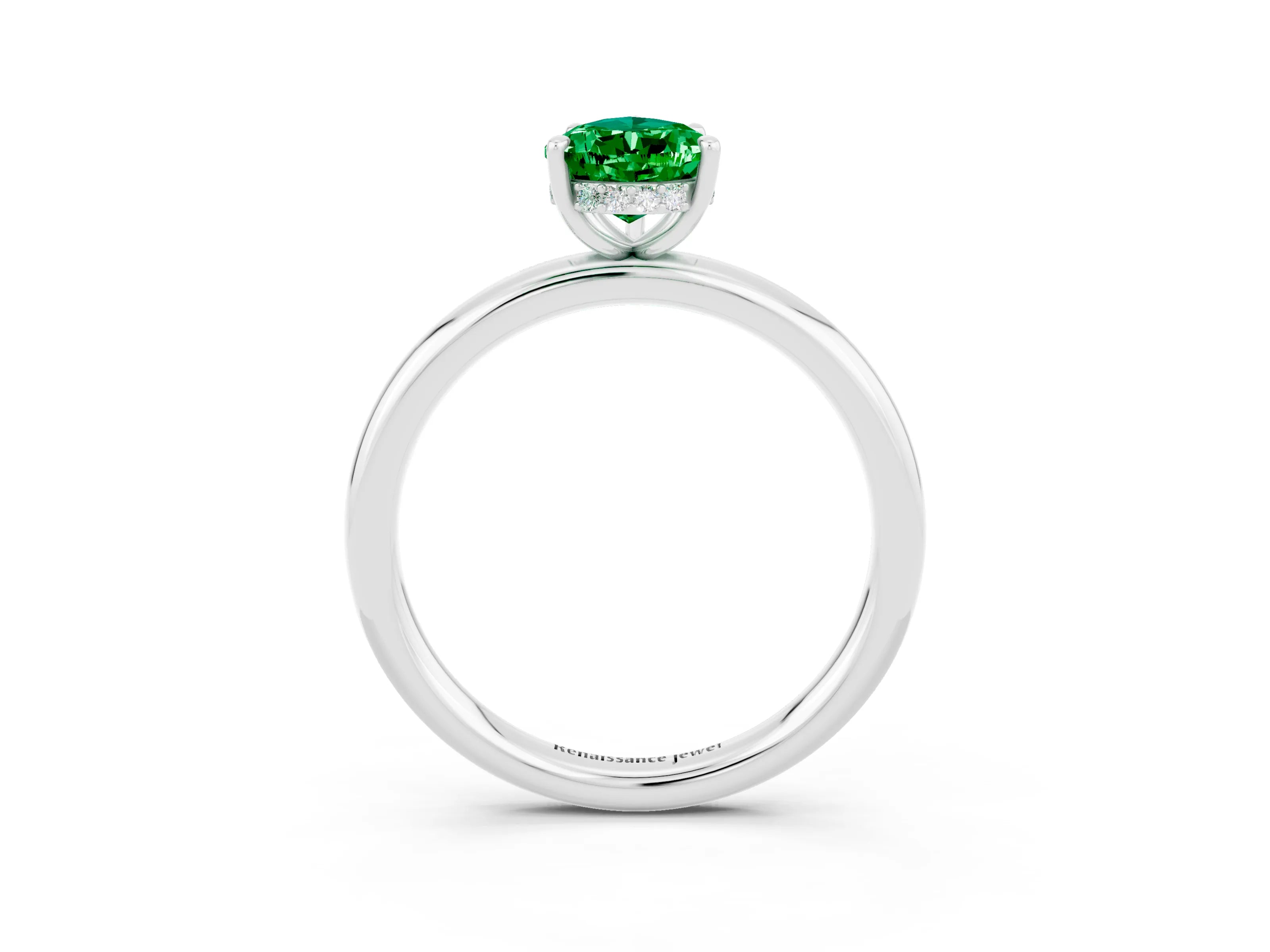 White gold Pear Cut Emerald Solitaire Ring with Thin Band and Four-Prong Setting_15