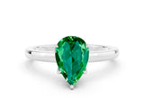 White gold Pear Cut Emerald Solitaire Ring with Thin Band and Prong Setting_12