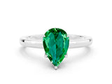 White gold Pear Cut Emerald Solitaire Ring with Thin Band and Prong Setting_36