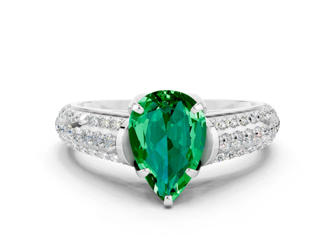 White gold Pear Cut Emerald Solitaire Ring with Three-Row Pavé Band and Four-Prong Setting_12