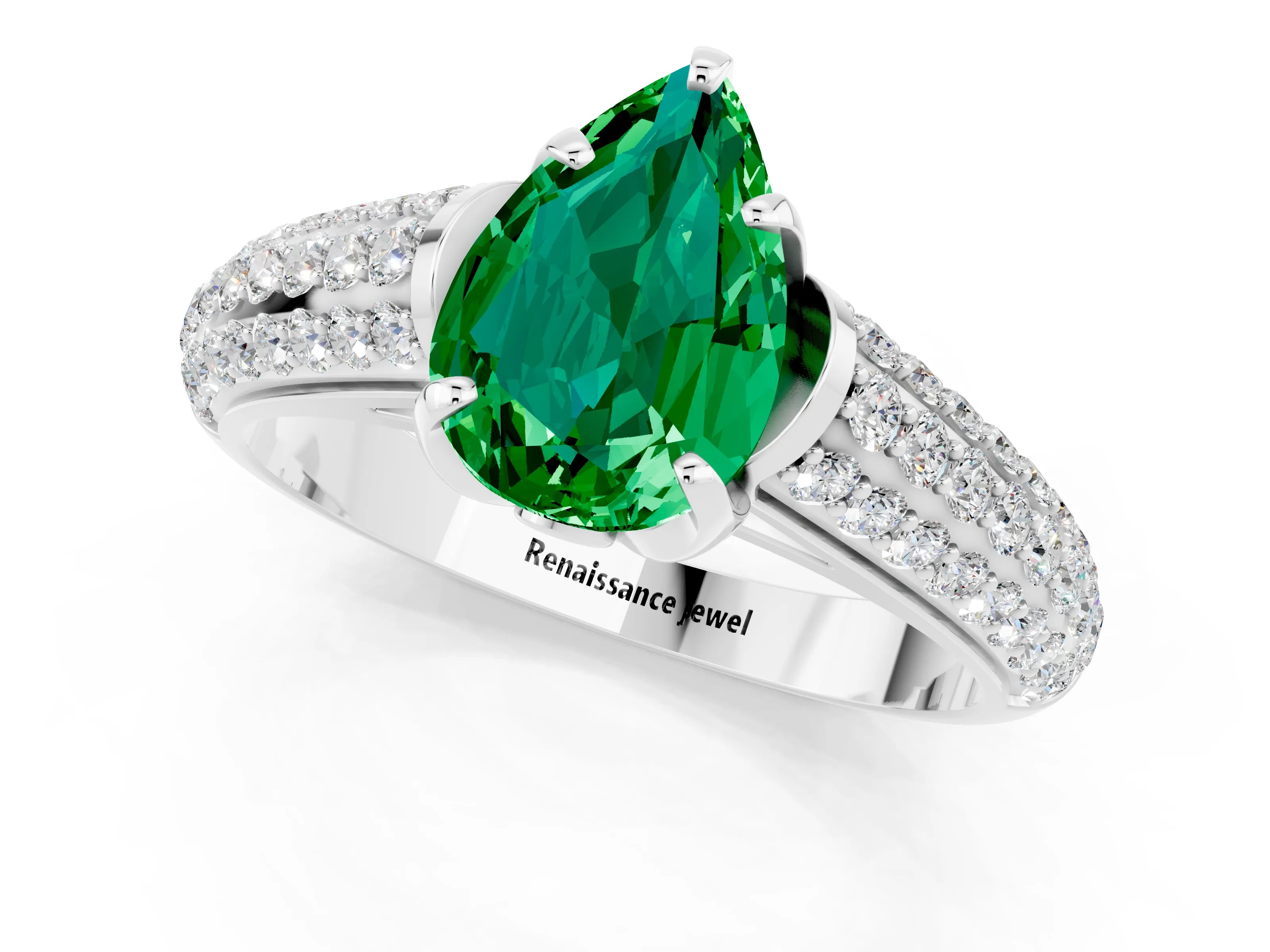 White gold Pear Cut Emerald Solitaire Ring with Three-Row Pavé Band and Four-Prong Setting_13