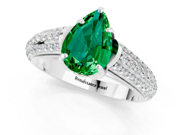 White gold Pear Cut Emerald Solitaire Ring with Three-Row Pavé Band and Four-Prong Setting
