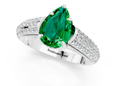 White gold Pear Cut Emerald Solitaire Ring with Three-Row Pavé Band and Four-Prong Setting_13