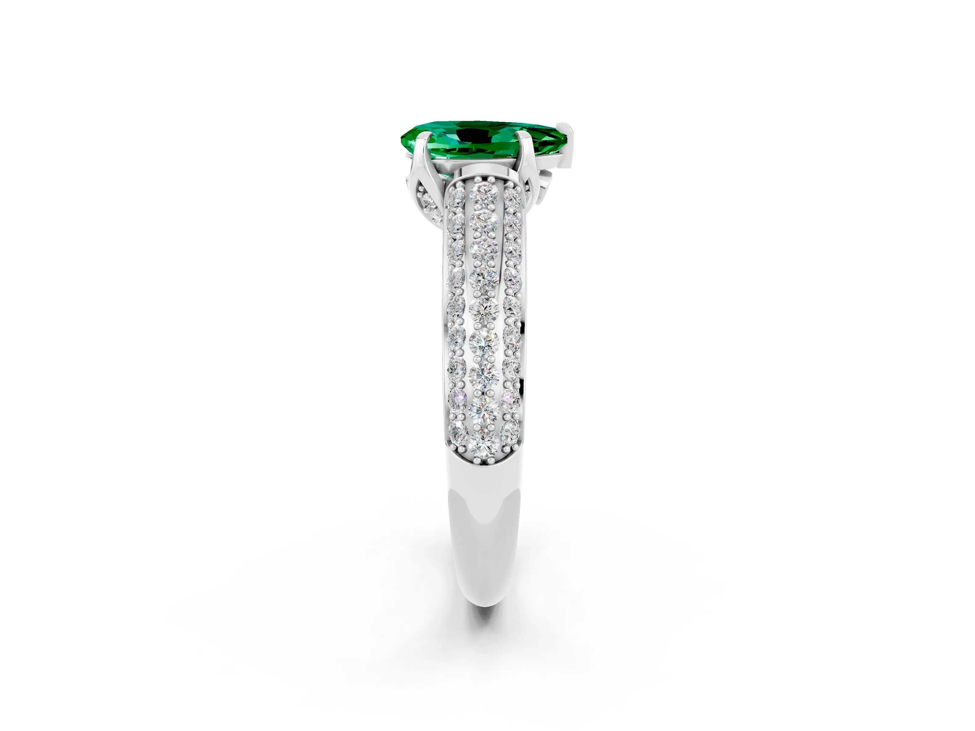White gold Pear Cut Emerald Solitaire Ring with Three-Row Pavé Band and Four-Prong Setting_14