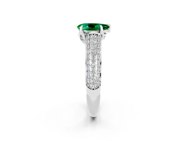 White gold Pear Cut Emerald Solitaire Ring with Three-Row Pavé Band and Four-Prong Setting