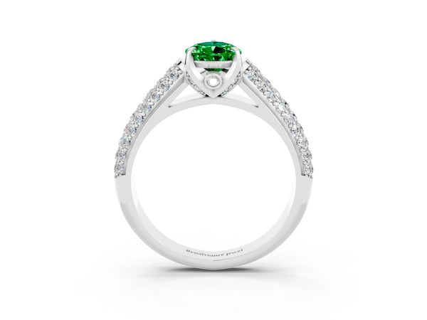Silver Pear Cut Emerald Solitaire Ring with Three-Row Pavé Band and Four-Prong Setting