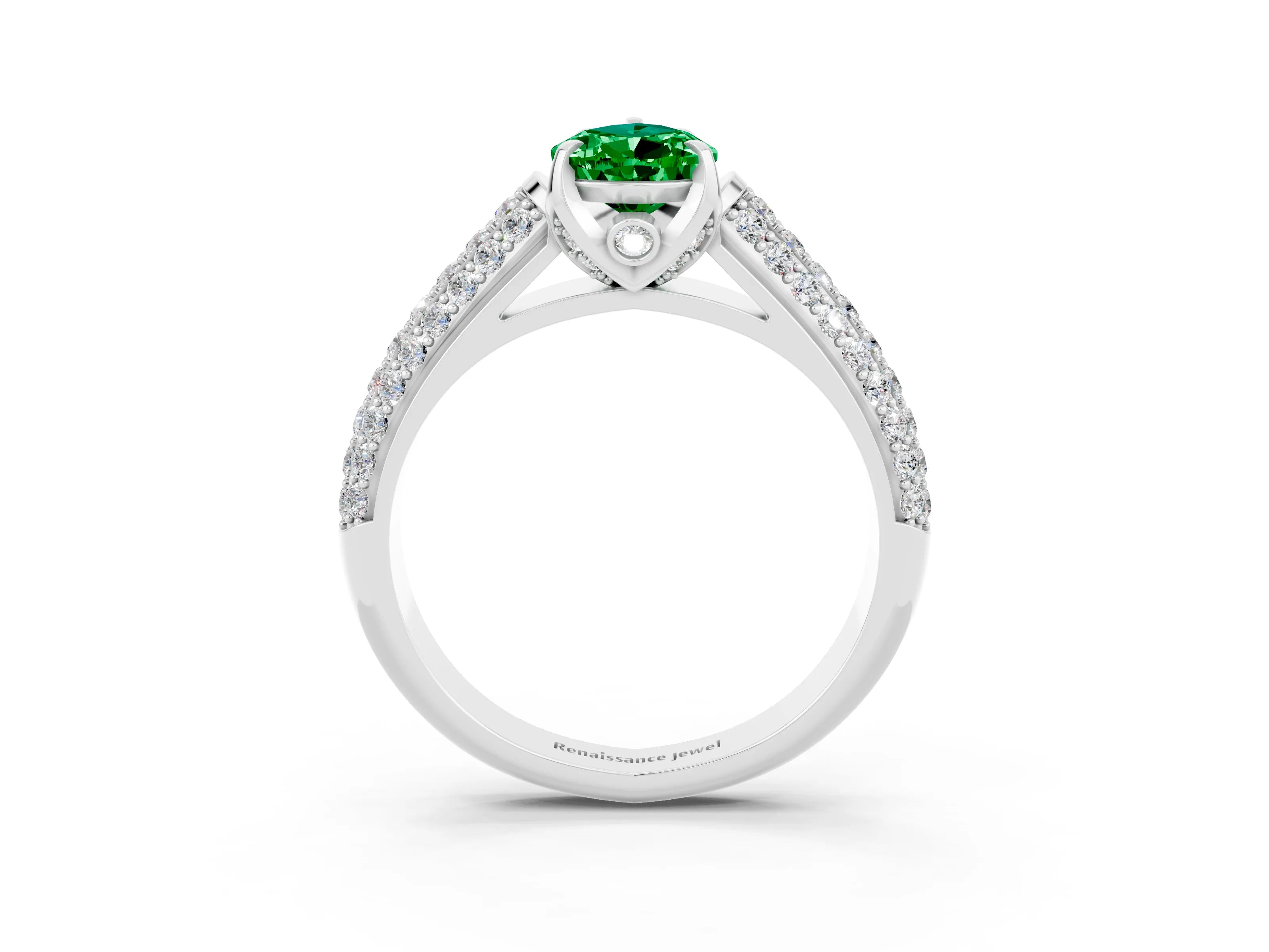 White gold Pear Cut Emerald Solitaire Ring with Three-Row Pavé Band and Four-Prong Setting_15