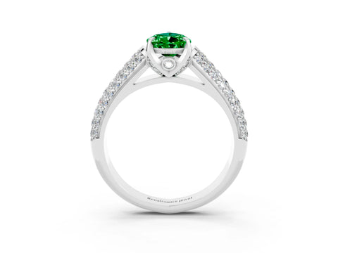 White gold Pear Cut Emerald Solitaire Ring with Three-Row Pavé Band and Four-Prong Setting_15
