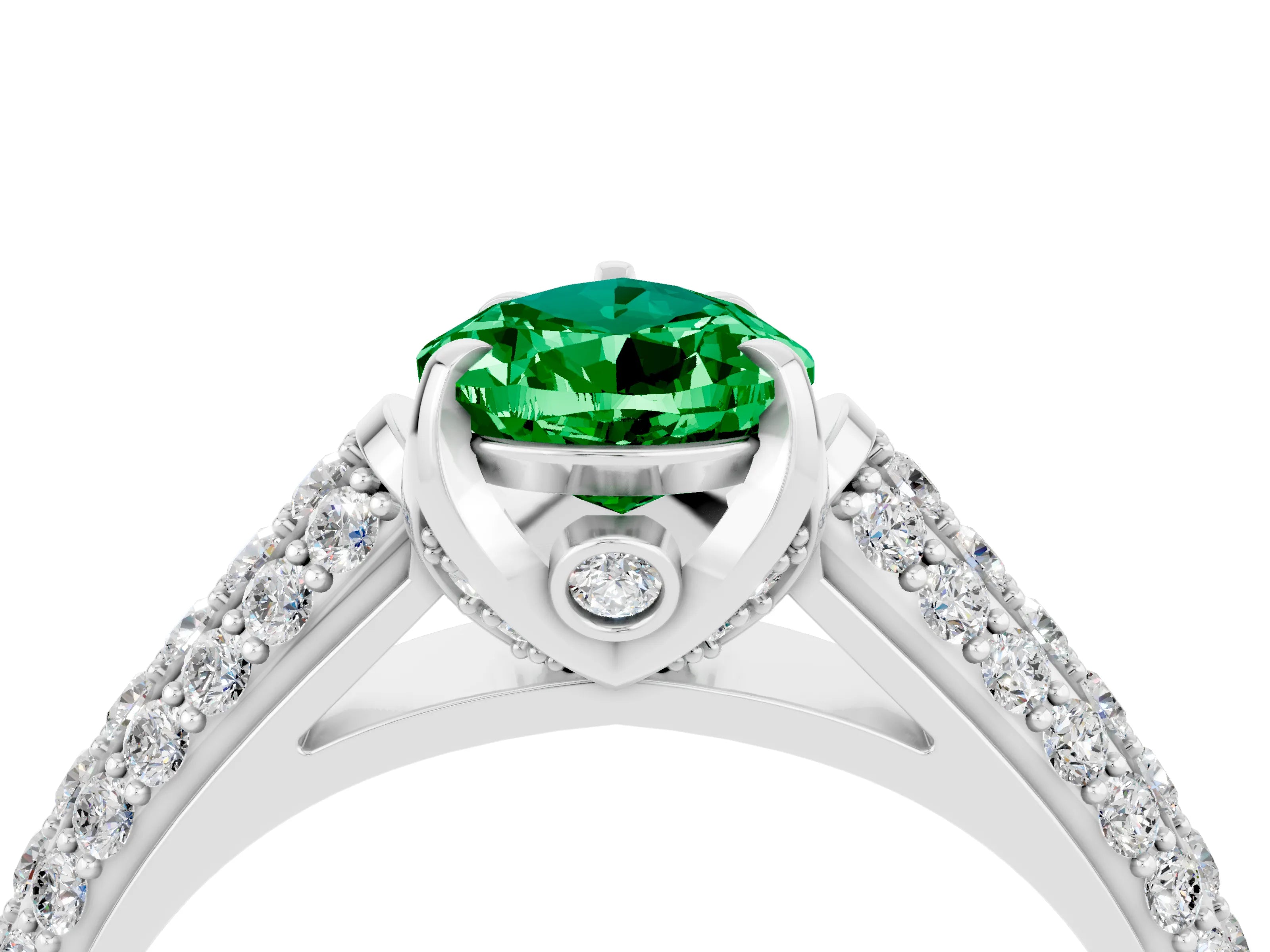 White gold Pear Cut Emerald Solitaire Ring with Three-Row Pavé Band and Four-Prong Setting_16