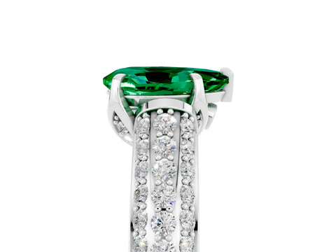 White gold Pear Cut Emerald Solitaire Ring with Three-Row Pavé Band and Four-Prong Setting_17